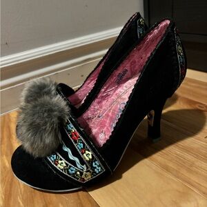 Vintage 2009 Irregular Choice suede embroidered pompom heels, size EU 38